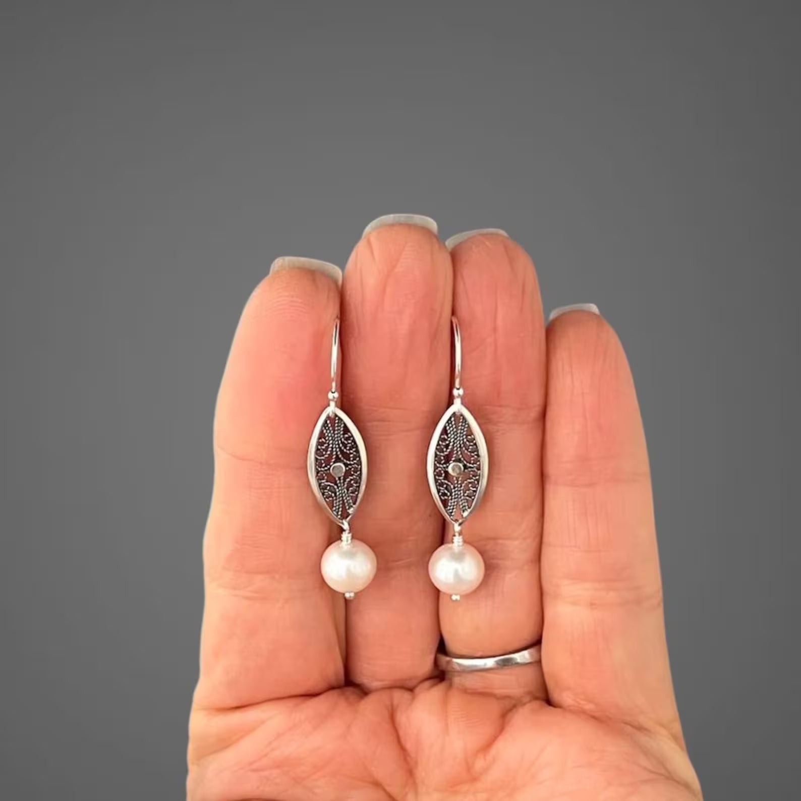 White Freshwater Pearl Earrings on Bali Silver Oval Links